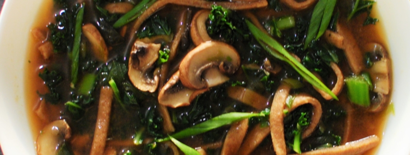 Miso noodle soup with kale and mushrooms